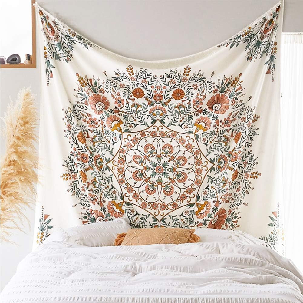 Mandala Tapestry Wall Hanging Flower Psychedelic Tapestry Wall Hanging Decor for Living Room Bedroom Bohemian Plant Print (Off-White, 51.18" X 59.06")