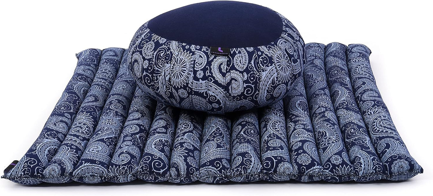 Meditation Cushion Set – 1 round Zafu Meditation Pillow and 1 Square Roll-Up Zabuton Meditation Mat, Pillows Bundle Filled with Kapok