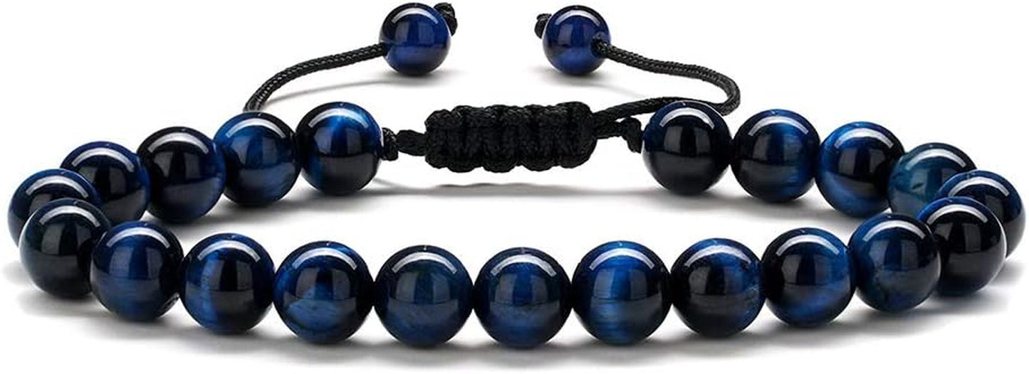 Natural Stone Bracelets for Men - 8Mm Tiger Eye, Matte Agate, Lava Rock - Teen Boys Gifts for Birthday, Anniversary, Christmas