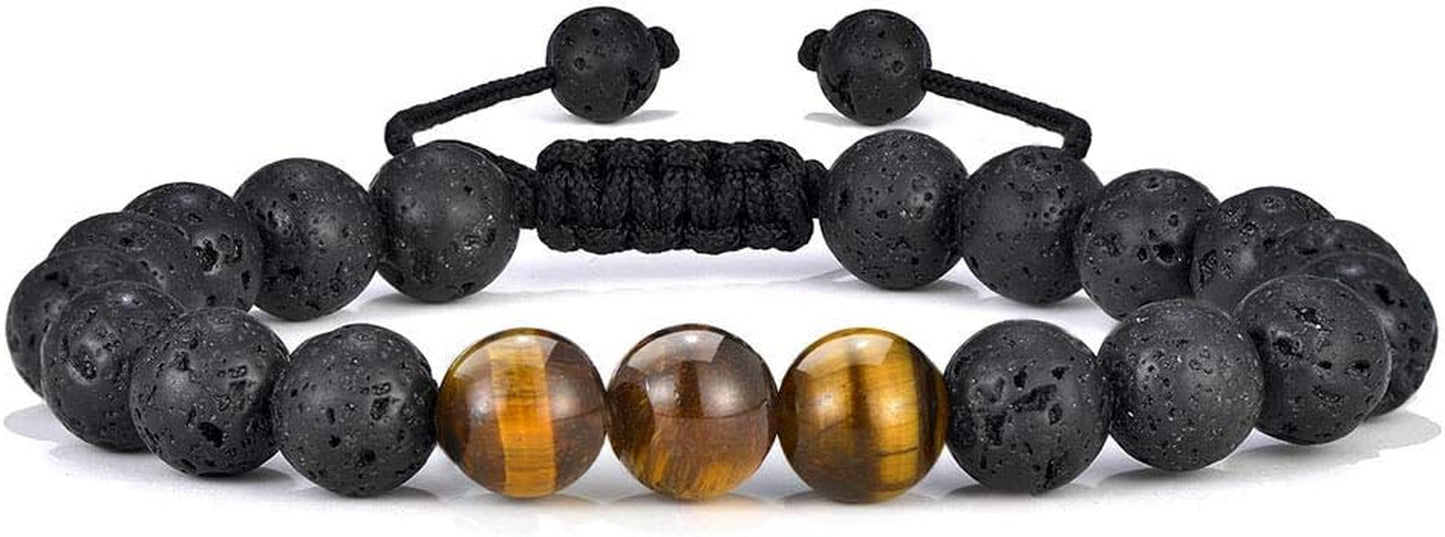 Natural Stone Bracelets for Men - 8Mm Tiger Eye, Matte Agate, Lava Rock - Teen Boys Gifts for Birthday, Anniversary, Christmas