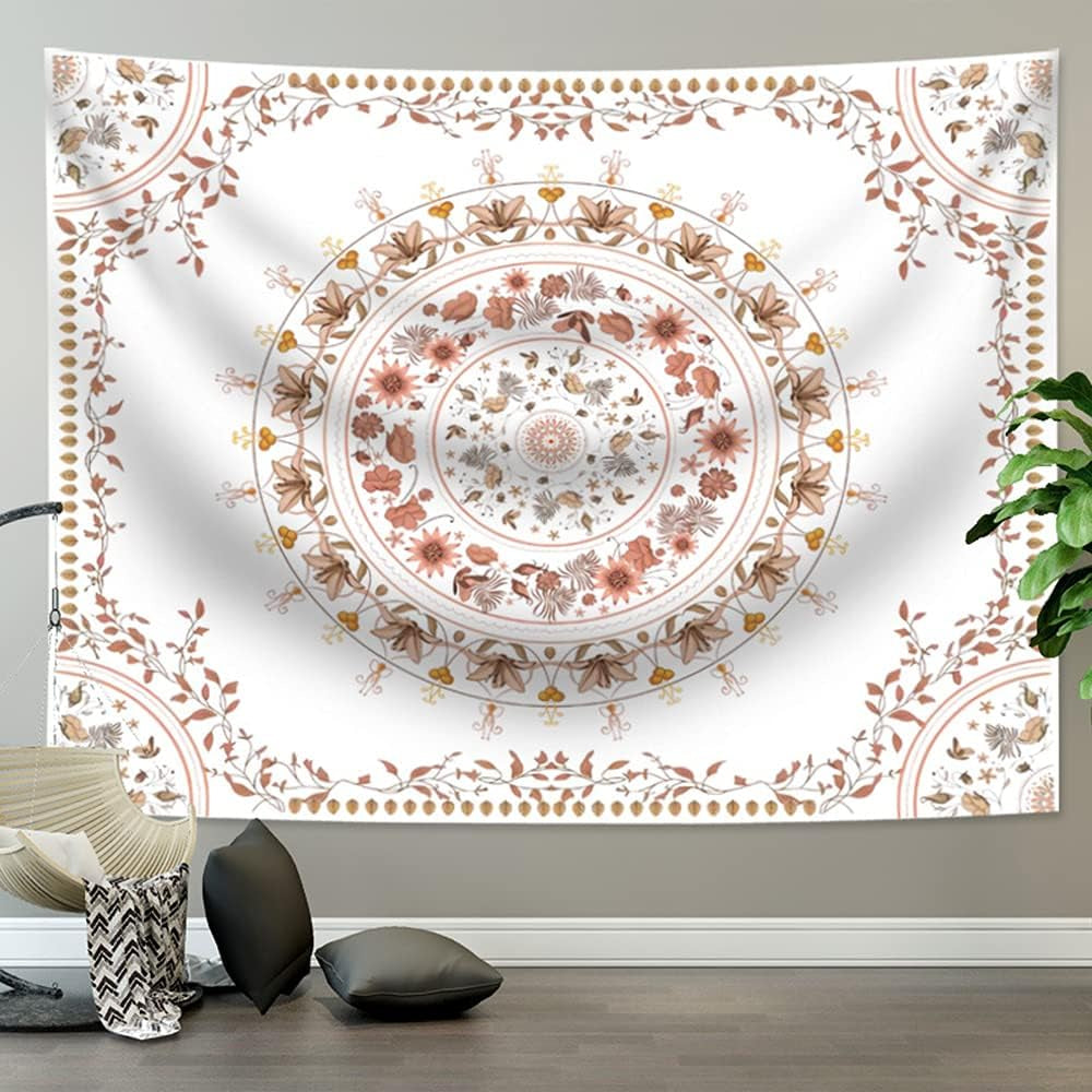 Mandala Tapestry Wall Hanging Flower Psychedelic Tapestry Wall Hanging Decor for Living Room Bedroom Bohemian Plant Print (Off-White, 51.18" X 59.06")