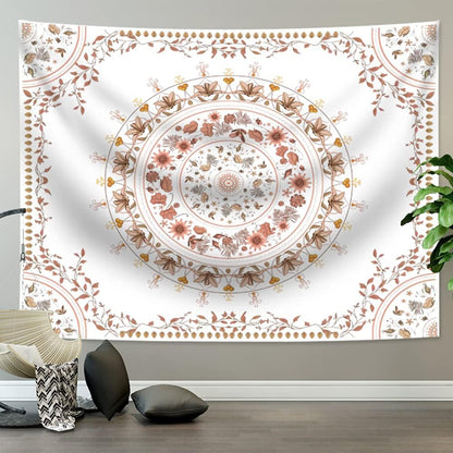 Mandala Tapestry Wall Hanging Flower Psychedelic Tapestry Wall Hanging Decor for Living Room Bedroom Bohemian Plant Print (Off-White, 51.18" X 59.06")