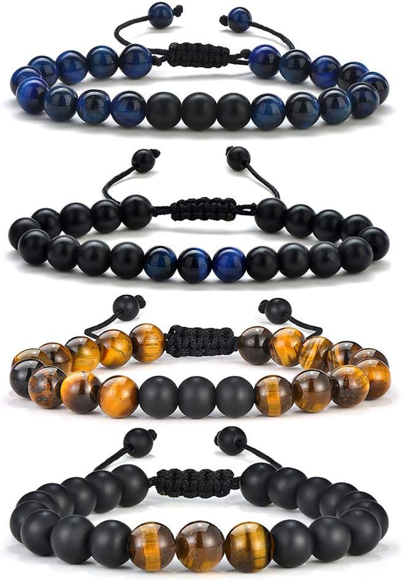 Natural Stone Bracelets for Men - 8Mm Tiger Eye, Matte Agate, Lava Rock - Teen Boys Gifts for Birthday, Anniversary, Christmas