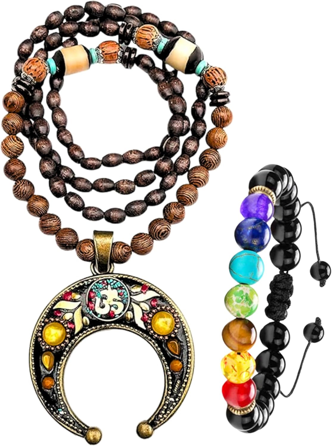 Bohemian Beaded Necklace for Women Long Boho Pendant Wood Mala Beads Wooden Strand Tassel Stone Bohemian Necklaces for Women Jewelry