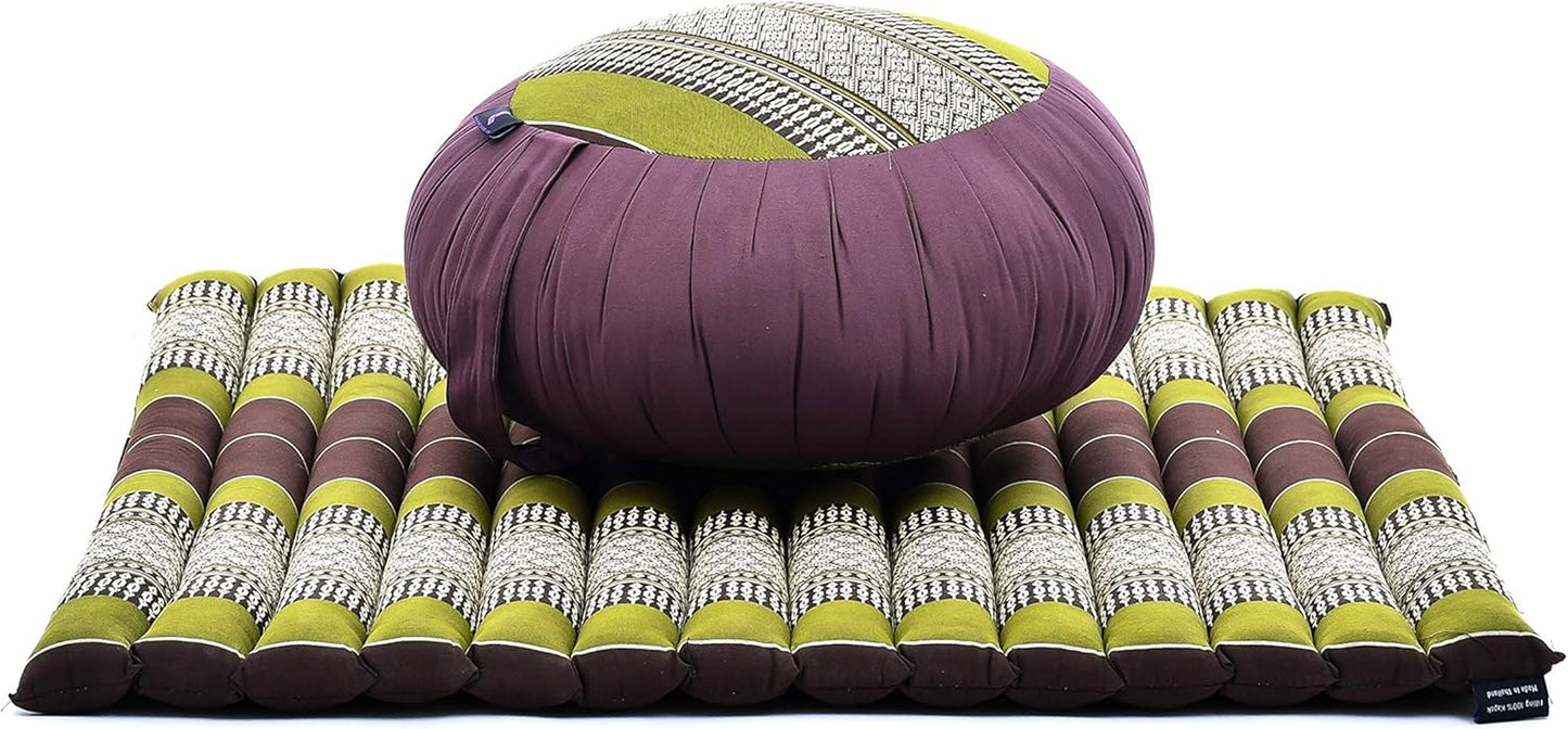 Meditation Cushion Set – 1 round Zafu Meditation Pillow and 1 Square Roll-Up Zabuton Meditation Mat, Pillows Bundle Filled with Kapok