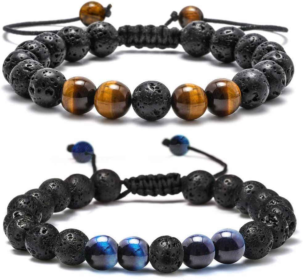 Natural Stone Bracelets for Men - 8Mm Tiger Eye, Matte Agate, Lava Rock - Teen Boys Gifts for Birthday, Anniversary, Christmas