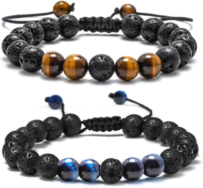 Natural Stone Bracelets for Men - 8Mm Tiger Eye, Matte Agate, Lava Rock - Teen Boys Gifts for Birthday, Anniversary, Christmas