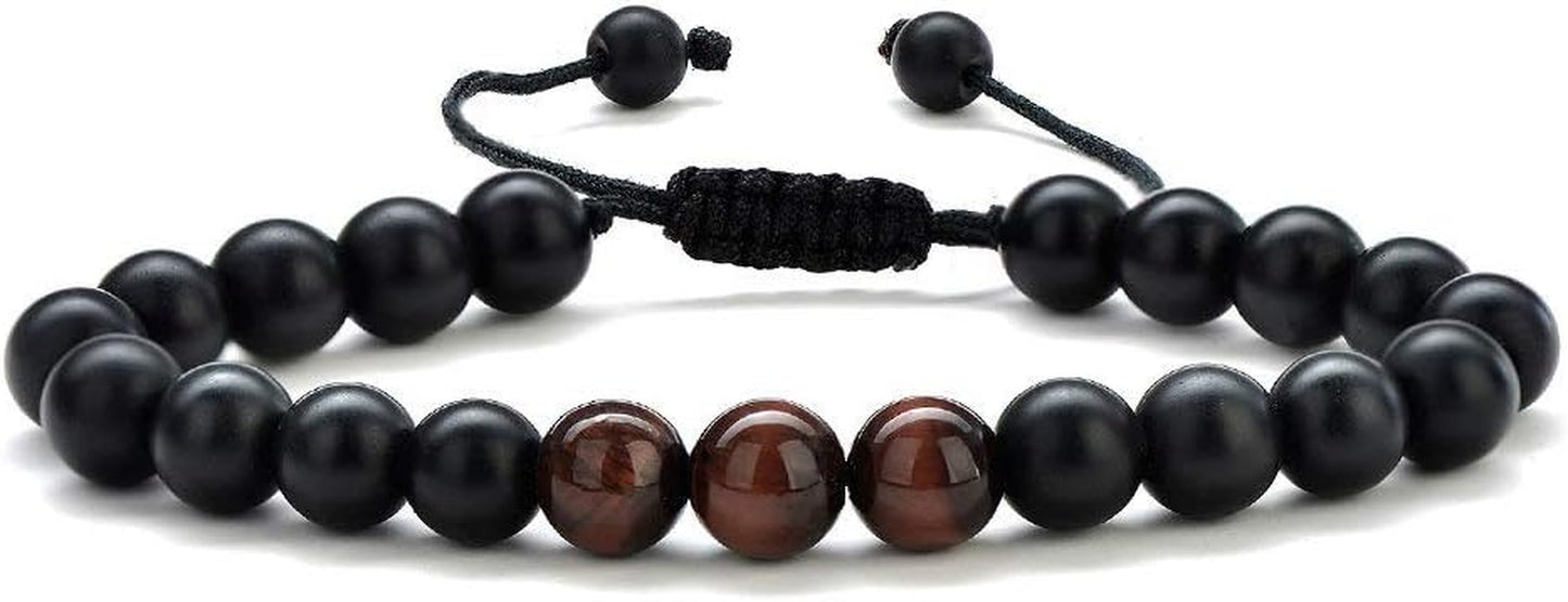 Natural Stone Bracelets for Men - 8Mm Tiger Eye, Matte Agate, Lava Rock - Teen Boys Gifts for Birthday, Anniversary, Christmas