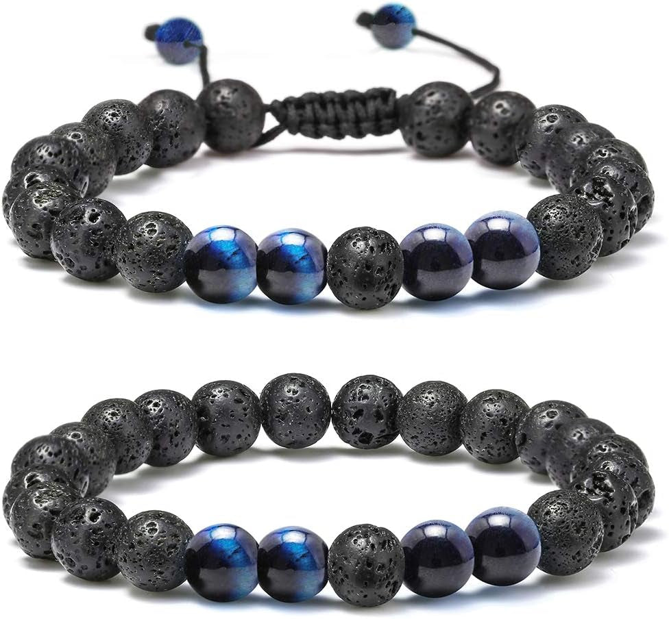 Natural Stone Bracelets for Men - 8Mm Tiger Eye, Matte Agate, Lava Rock - Teen Boys Gifts for Birthday, Anniversary, Christmas
