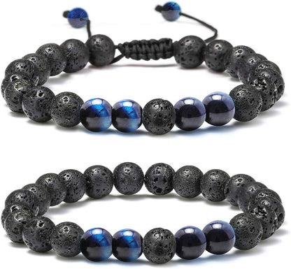 Natural Stone Bracelets for Men - 8Mm Tiger Eye, Matte Agate, Lava Rock - Teen Boys Gifts for Birthday, Anniversary, Christmas