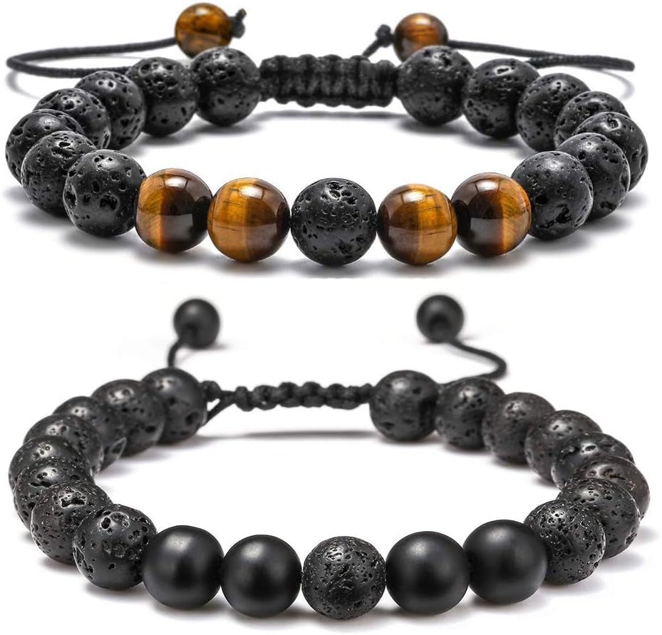 Natural Stone Bracelets for Men - 8Mm Tiger Eye, Matte Agate, Lava Rock - Teen Boys Gifts for Birthday, Anniversary, Christmas