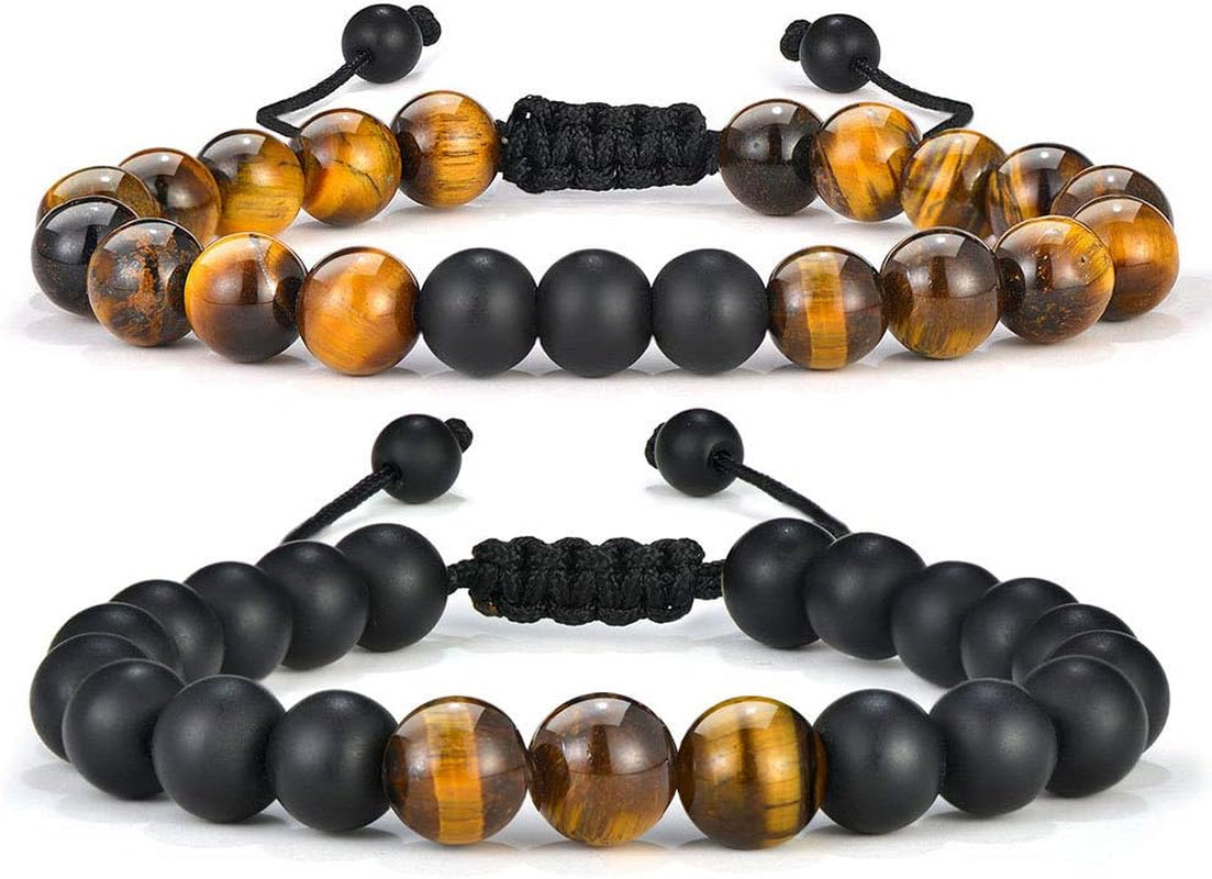 Natural Stone Bracelets for Men - 8Mm Tiger Eye, Matte Agate, Lava Rock - Teen Boys Gifts for Birthday, Anniversary, Christmas