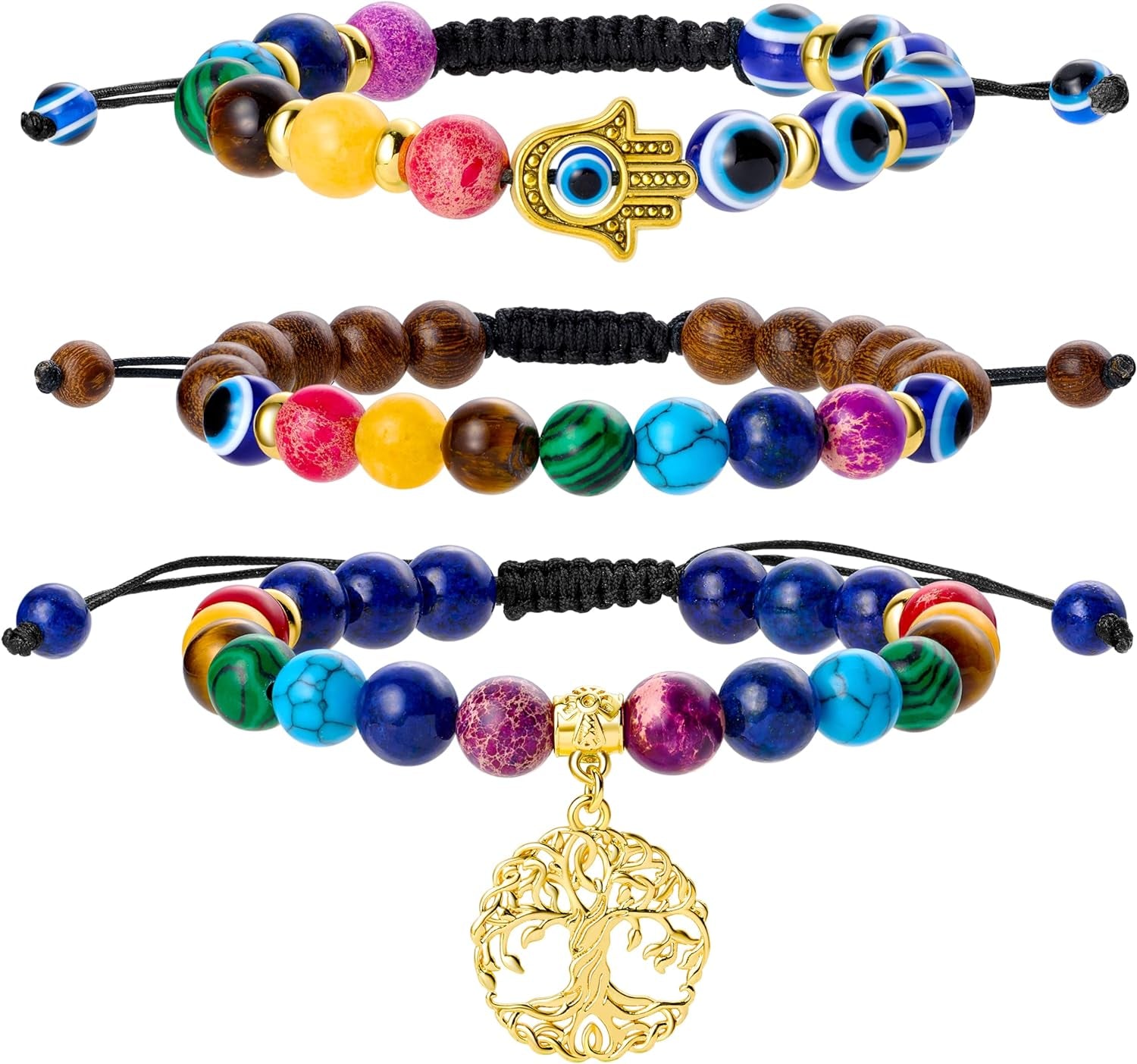 Chakra Bead Bracelets for Women - 8Mm 7 Chakra Bracelet with Real Stones Yoga Gemstone Jewelry 3 Pack