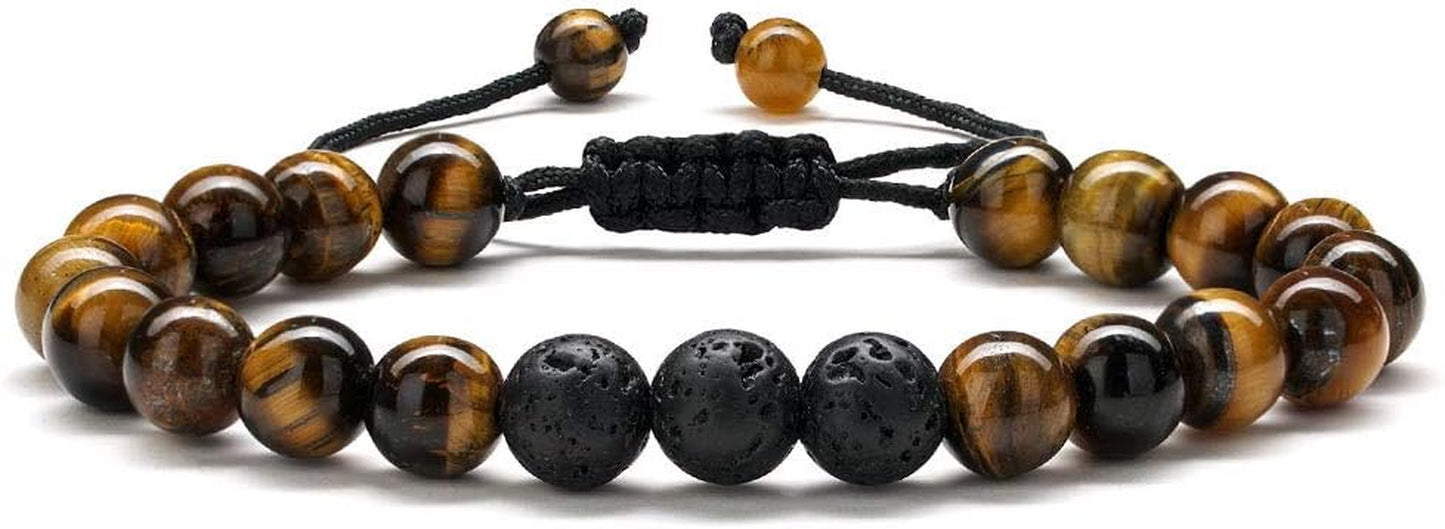 Natural Stone Bracelets for Men - 8Mm Tiger Eye, Matte Agate, Lava Rock - Teen Boys Gifts for Birthday, Anniversary, Christmas