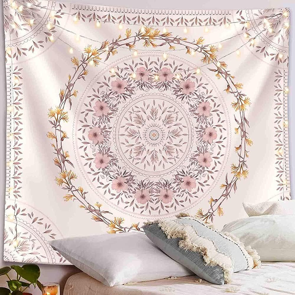 Mandala Tapestry Wall Hanging Flower Psychedelic Tapestry Wall Hanging Decor for Living Room Bedroom Bohemian Plant Print (Off-White, 51.18" X 59.06")