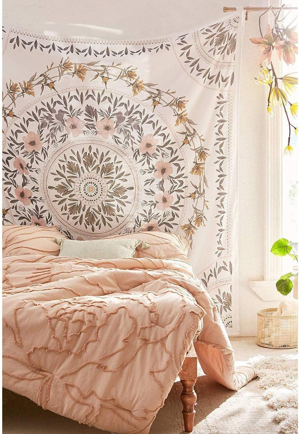 Mandala Tapestry Wall Hanging Flower Psychedelic Tapestry Wall Hanging Decor for Living Room Bedroom Bohemian Plant Print (Off-White, 51.18" X 59.06")