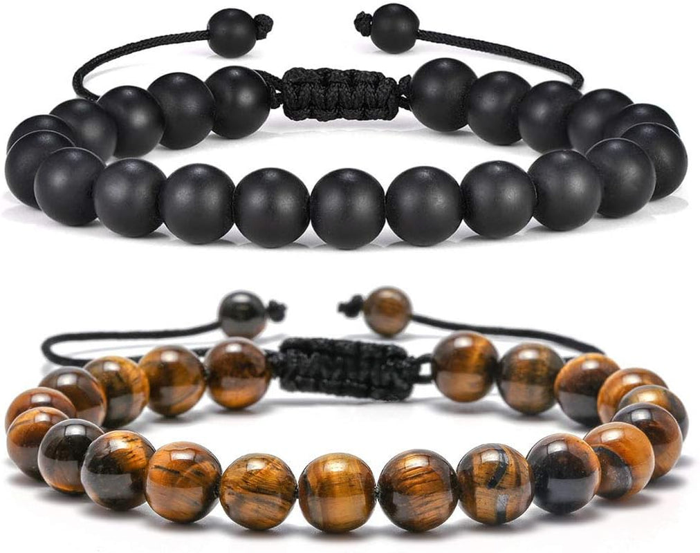 Natural Stone Bracelets for Men - 8Mm Tiger Eye, Matte Agate, Lava Rock - Teen Boys Gifts for Birthday, Anniversary, Christmas