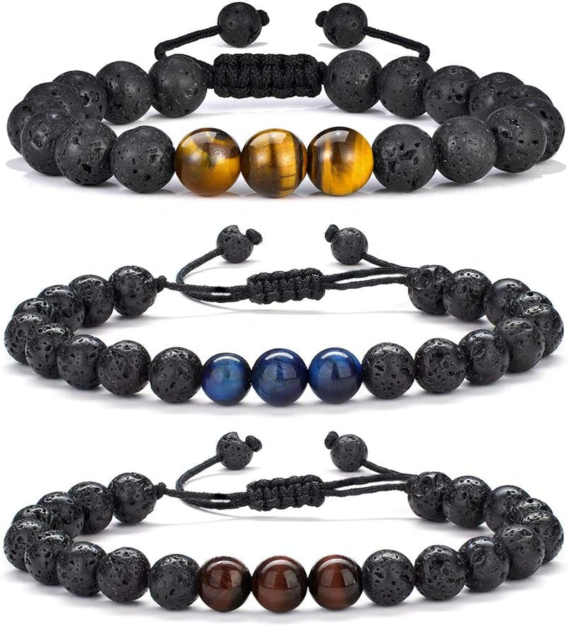 Natural Stone Bracelets for Men - 8Mm Tiger Eye, Matte Agate, Lava Rock - Teen Boys Gifts for Birthday, Anniversary, Christmas