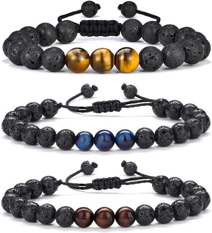 Natural Stone Bracelets for Men - 8Mm Tiger Eye, Matte Agate, Lava Rock - Teen Boys Gifts for Birthday, Anniversary, Christmas