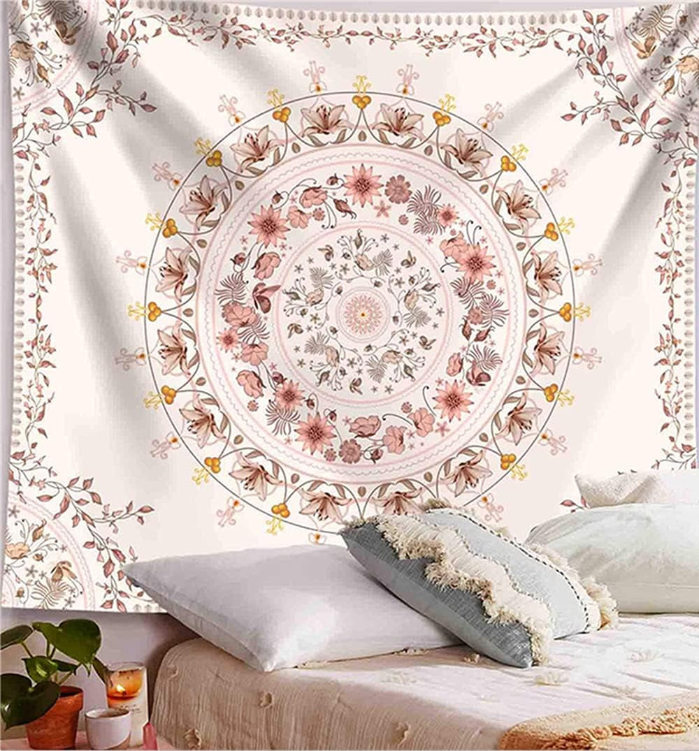 Mandala Tapestry Wall Hanging Flower Psychedelic Tapestry Wall Hanging Decor for Living Room Bedroom Bohemian Plant Print (Off-White, 51.18" X 59.06")