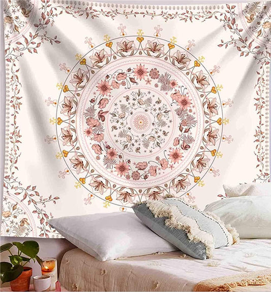 Mandala Tapestry Wall Hanging Flower Psychedelic Tapestry Wall Hanging Decor for Living Room Bedroom Bohemian Plant Print (Off-White, 51.18" X 59.06")
