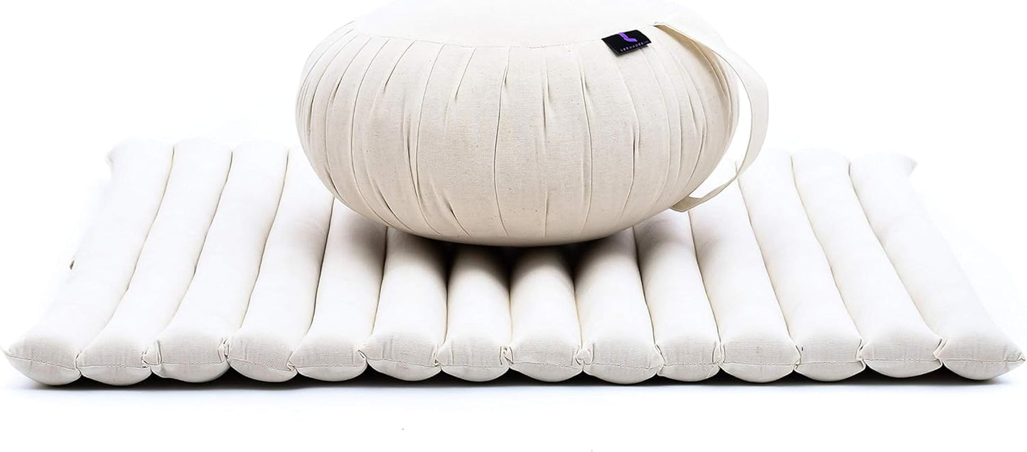 Meditation Cushion Set – 1 round Zafu Meditation Pillow and 1 Square Roll-Up Zabuton Meditation Mat, Pillows Bundle Filled with Kapok