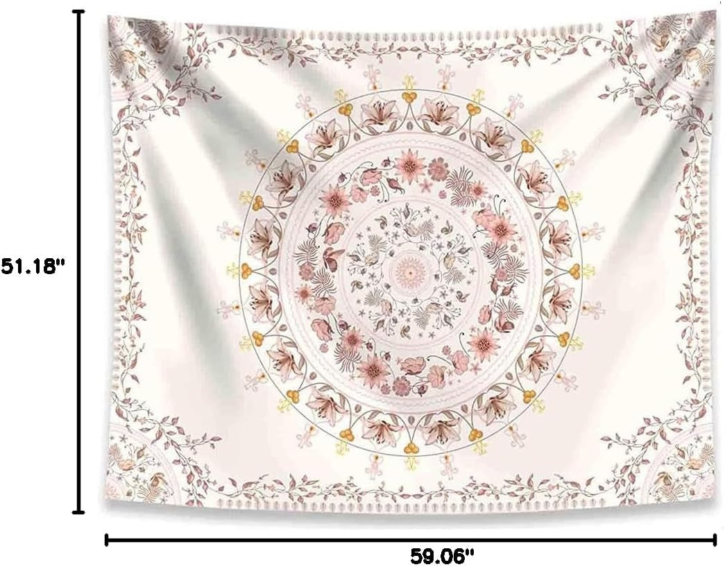 Mandala Tapestry Wall Hanging Flower Psychedelic Tapestry Wall Hanging Decor for Living Room Bedroom Bohemian Plant Print (Off-White, 51.18" X 59.06")
