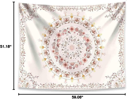 Mandala Tapestry Wall Hanging Flower Psychedelic Tapestry Wall Hanging Decor for Living Room Bedroom Bohemian Plant Print (Off-White, 51.18" X 59.06")