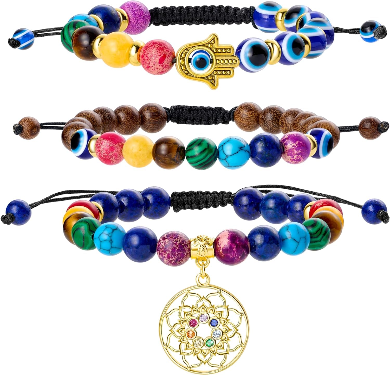 Chakra Bead Bracelets for Women - 8Mm 7 Chakra Bracelet with Real Stones Yoga Gemstone Jewelry 3 Pack