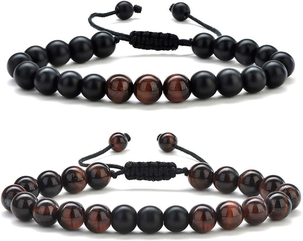 Natural Stone Bracelets for Men - 8Mm Tiger Eye, Matte Agate, Lava Rock - Teen Boys Gifts for Birthday, Anniversary, Christmas