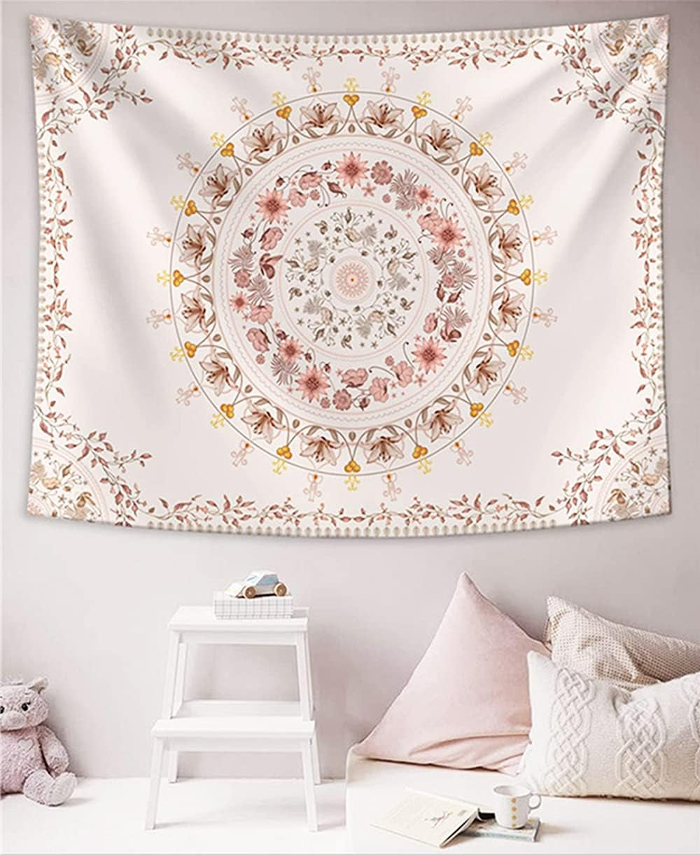 Mandala Tapestry Wall Hanging Flower Psychedelic Tapestry Wall Hanging Decor for Living Room Bedroom Bohemian Plant Print (Off-White, 51.18" X 59.06")