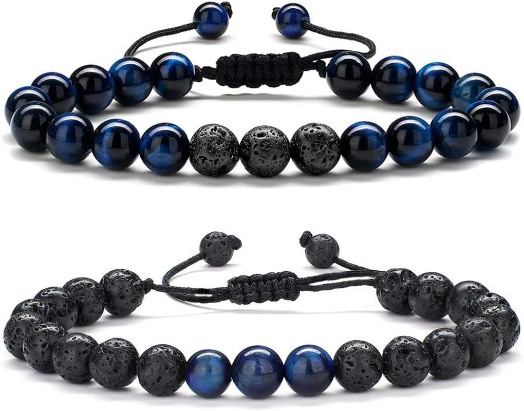 Natural Stone Bracelets for Men - 8Mm Tiger Eye, Matte Agate, Lava Rock - Teen Boys Gifts for Birthday, Anniversary, Christmas