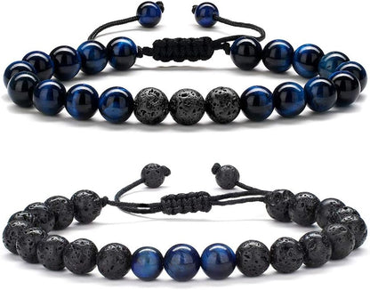 Natural Stone Bracelets for Men - 8Mm Tiger Eye, Matte Agate, Lava Rock - Teen Boys Gifts for Birthday, Anniversary, Christmas