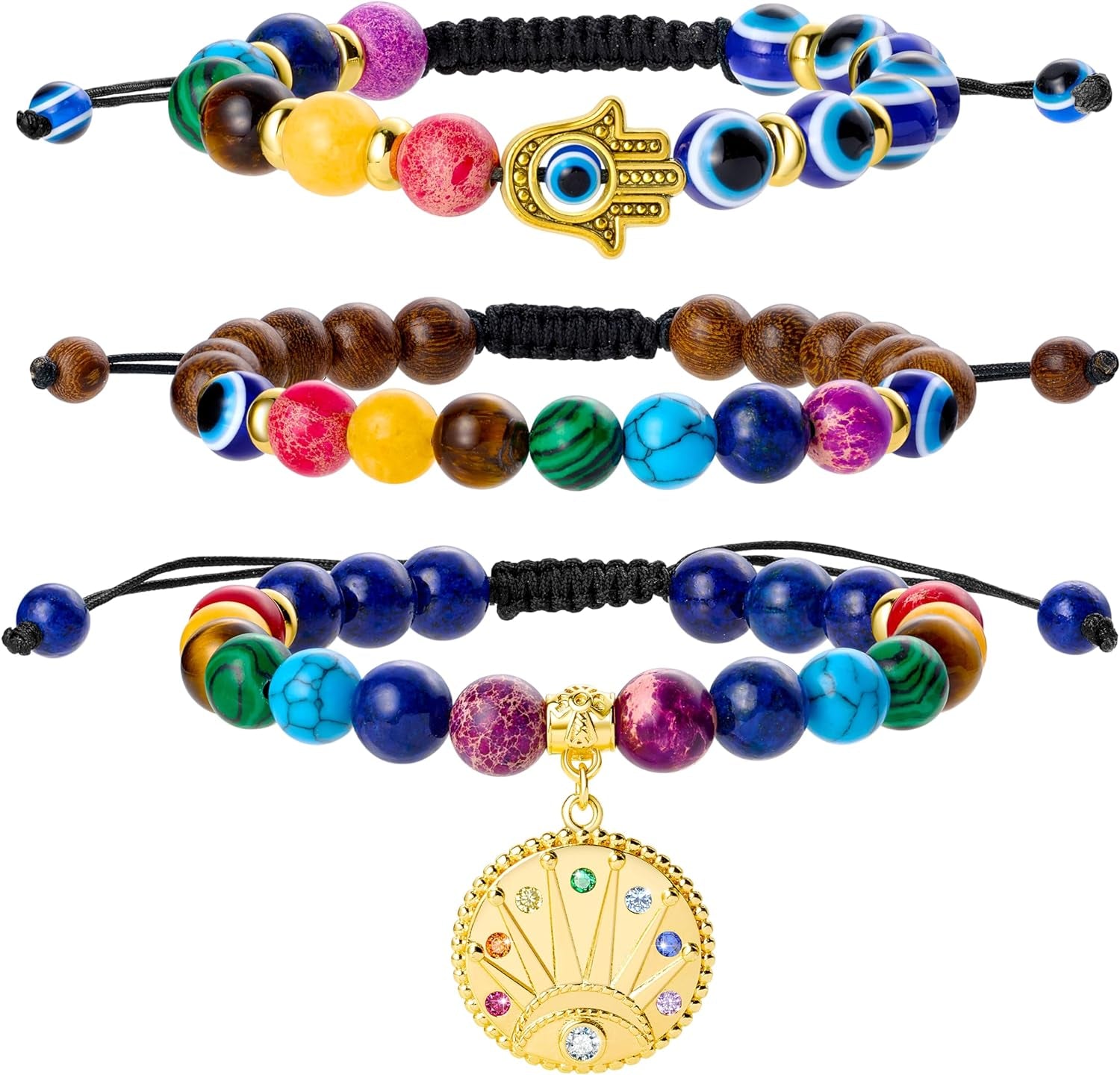 Chakra Bead Bracelets for Women - 8Mm 7 Chakra Bracelet with Real Stones Yoga Gemstone Jewelry 3 Pack