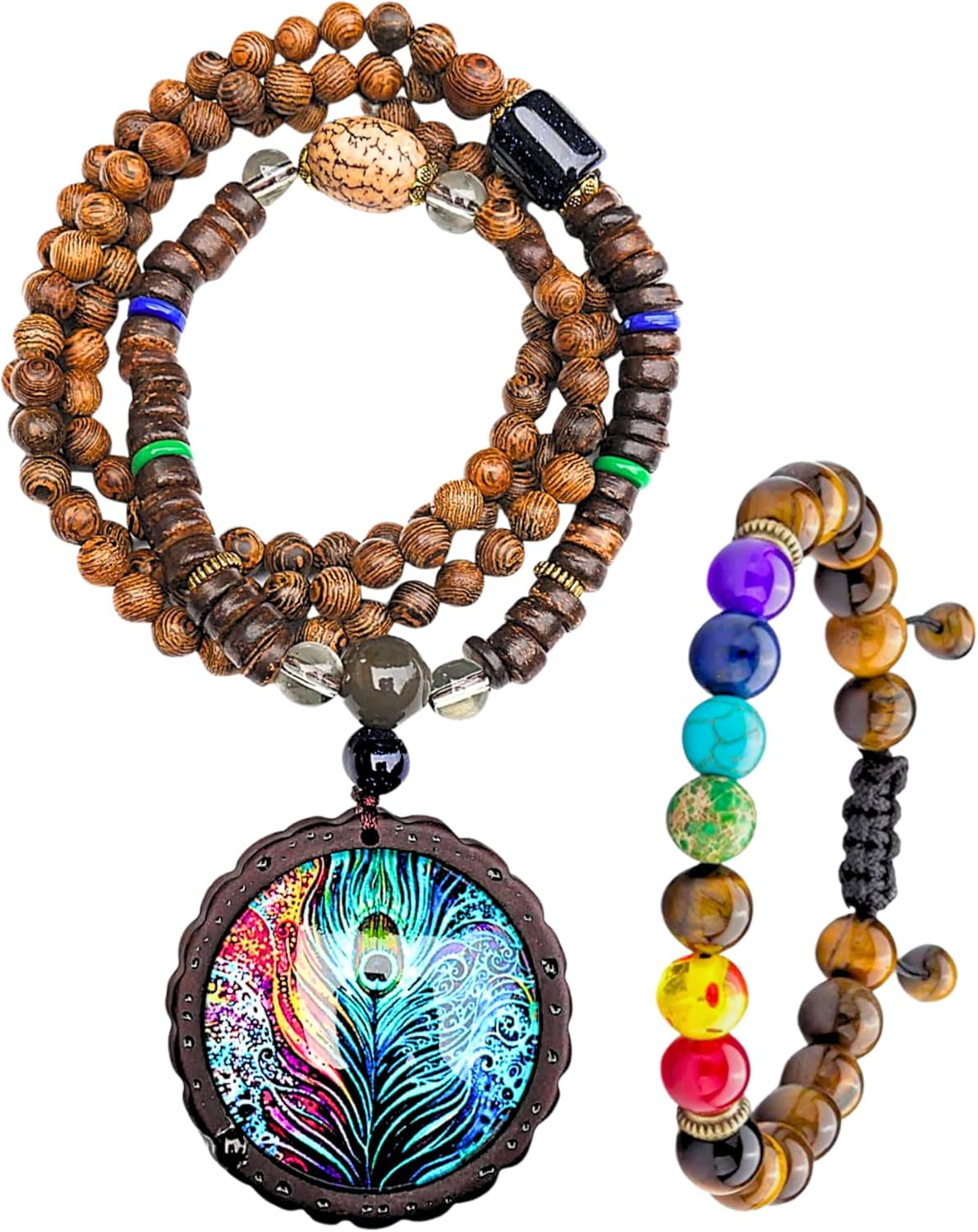 Bohemian Beaded Necklace for Women Long Boho Pendant Wood Mala Beads Wooden Strand Tassel Stone Bohemian Necklaces for Women Jewelry