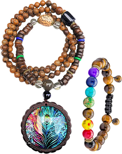 Bohemian Beaded Necklace for Women Long Boho Pendant Wood Mala Beads Wooden Strand Tassel Stone Bohemian Necklaces for Women Jewelry