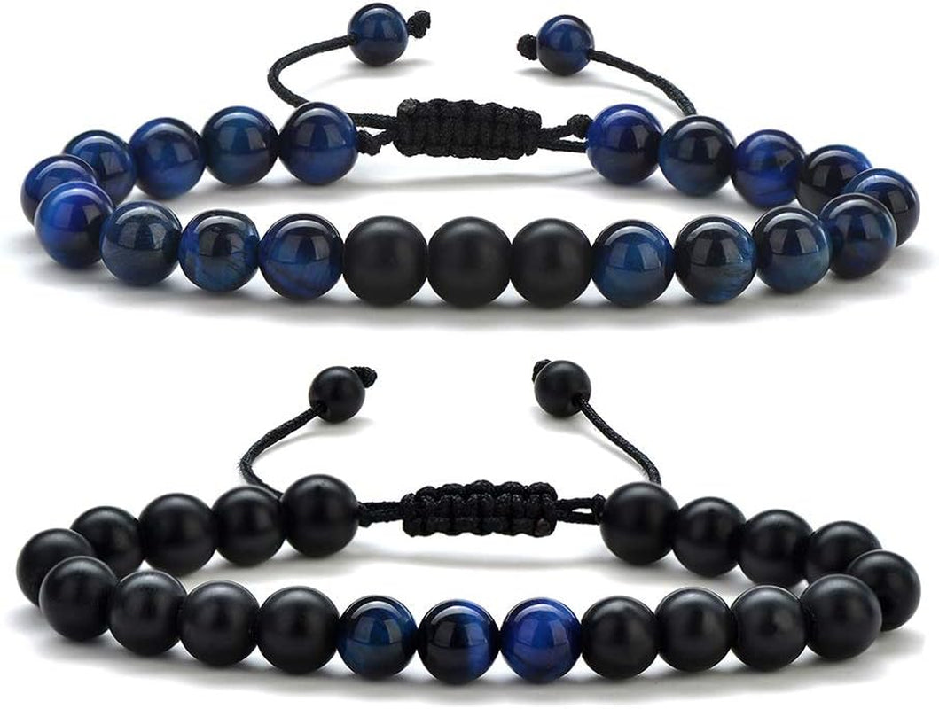 Natural Stone Bracelets for Men - 8Mm Tiger Eye, Matte Agate, Lava Rock - Teen Boys Gifts for Birthday, Anniversary, Christmas