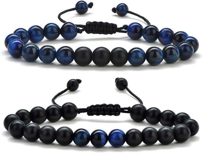 Natural Stone Bracelets for Men - 8Mm Tiger Eye, Matte Agate, Lava Rock - Teen Boys Gifts for Birthday, Anniversary, Christmas