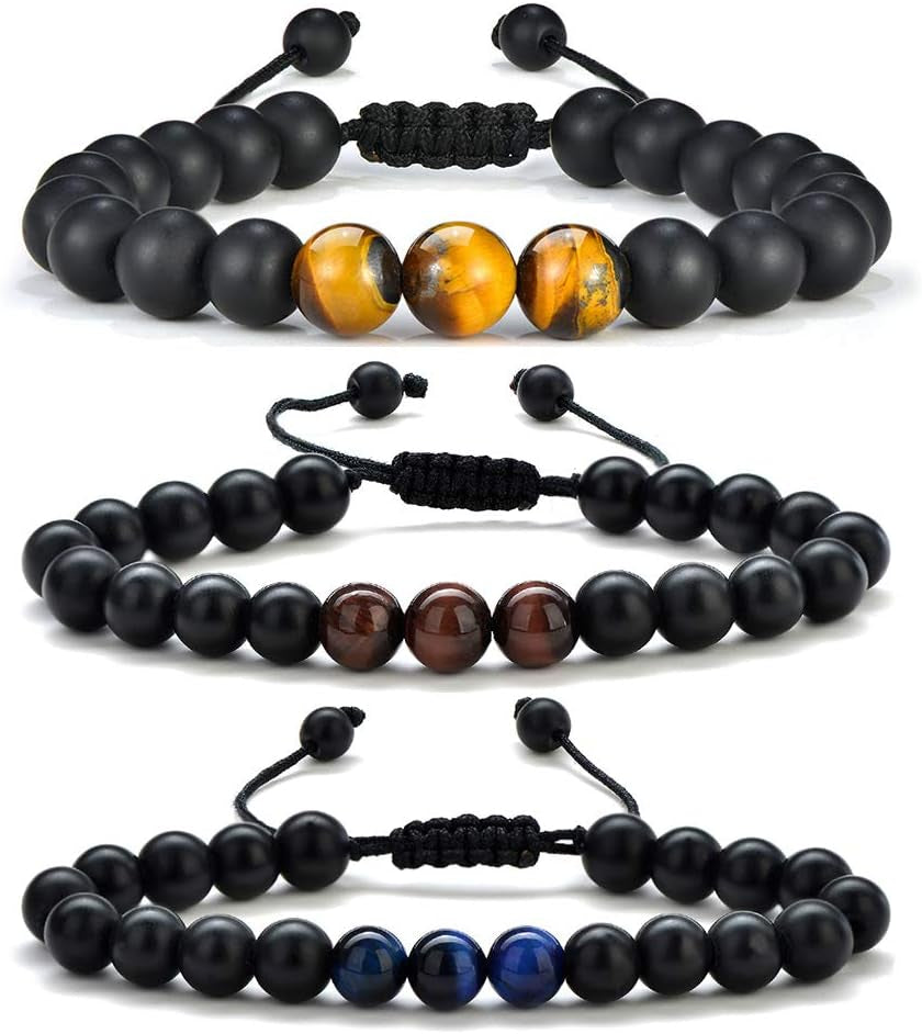 Natural Stone Bracelets for Men - 8Mm Tiger Eye, Matte Agate, Lava Rock - Teen Boys Gifts for Birthday, Anniversary, Christmas