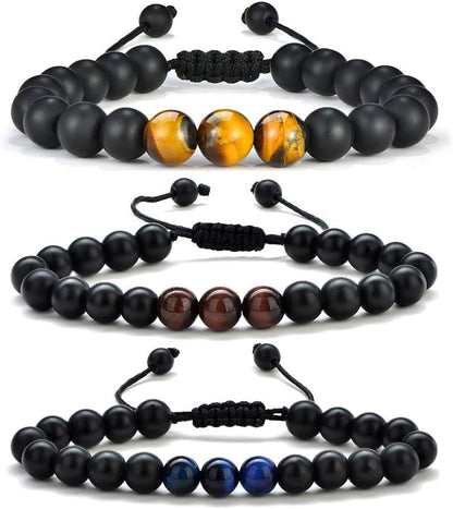 Natural Stone Bracelets for Men - 8Mm Tiger Eye, Matte Agate, Lava Rock - Teen Boys Gifts for Birthday, Anniversary, Christmas