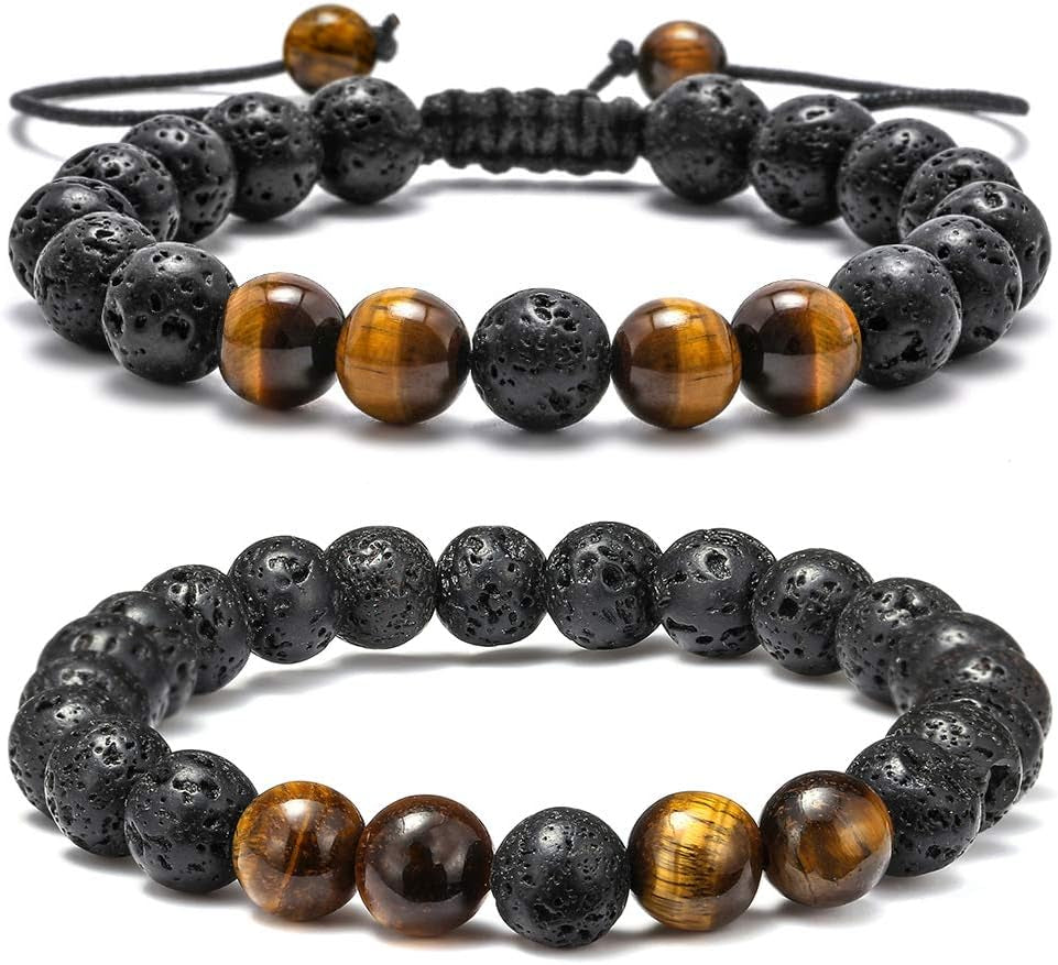 Natural Stone Bracelets for Men - 8Mm Tiger Eye, Matte Agate, Lava Rock - Teen Boys Gifts for Birthday, Anniversary, Christmas