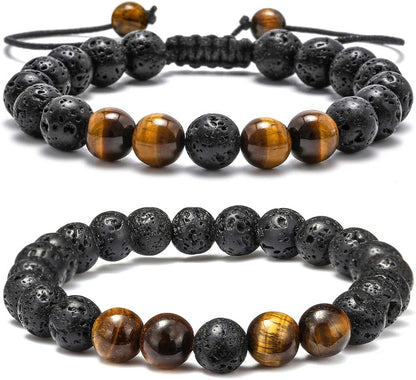 Natural Stone Bracelets for Men - 8Mm Tiger Eye, Matte Agate, Lava Rock - Teen Boys Gifts for Birthday, Anniversary, Christmas