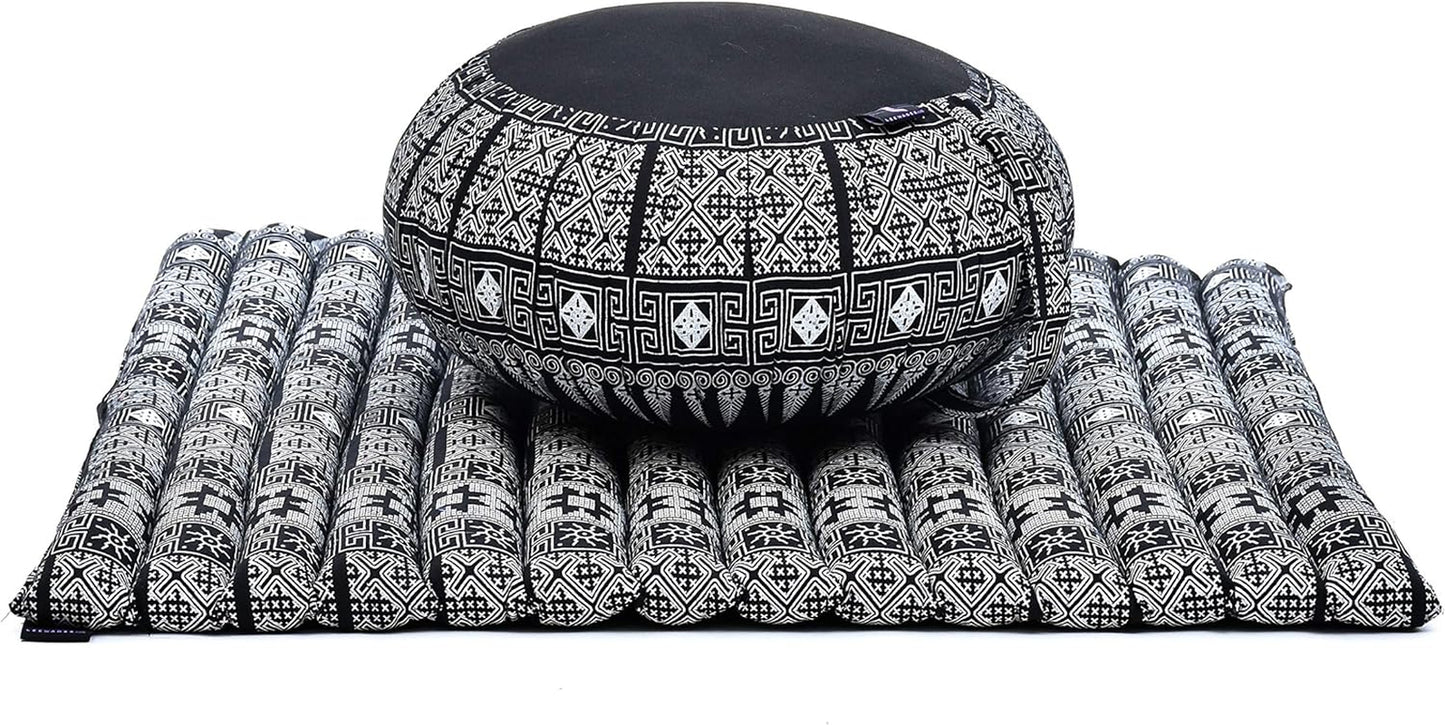 Meditation Cushion Set – 1 round Zafu Meditation Pillow and 1 Square Roll-Up Zabuton Meditation Mat, Pillows Bundle Filled with Kapok