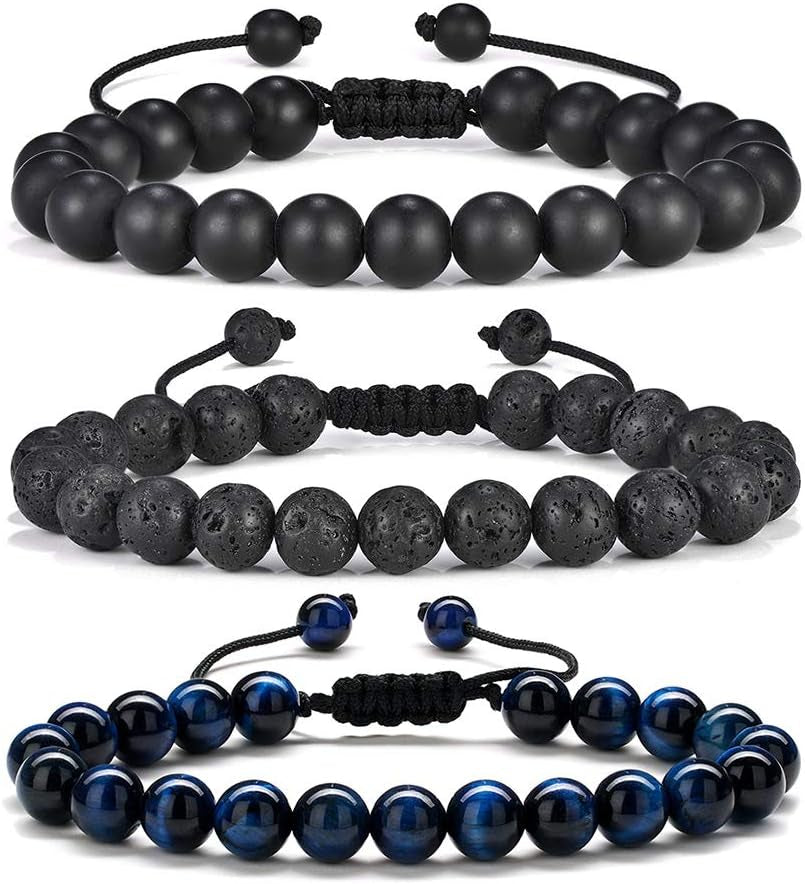Natural Stone Bracelets for Men - 8Mm Tiger Eye, Matte Agate, Lava Rock - Teen Boys Gifts for Birthday, Anniversary, Christmas