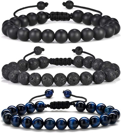 Natural Stone Bracelets for Men - 8Mm Tiger Eye, Matte Agate, Lava Rock - Teen Boys Gifts for Birthday, Anniversary, Christmas