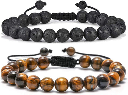 Natural Stone Bracelets for Men - 8Mm Tiger Eye, Matte Agate, Lava Rock - Teen Boys Gifts for Birthday, Anniversary, Christmas