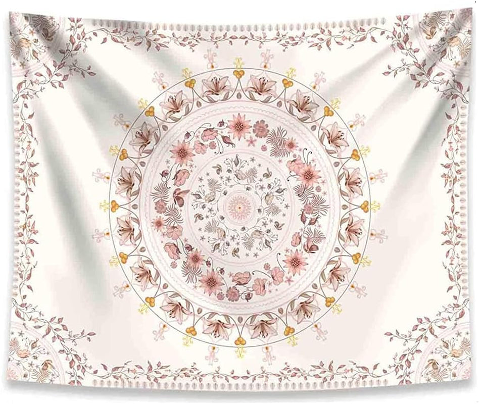 Mandala Tapestry Wall Hanging Flower Psychedelic Tapestry Wall Hanging Decor for Living Room Bedroom Bohemian Plant Print (Off-White, 51.18" X 59.06")