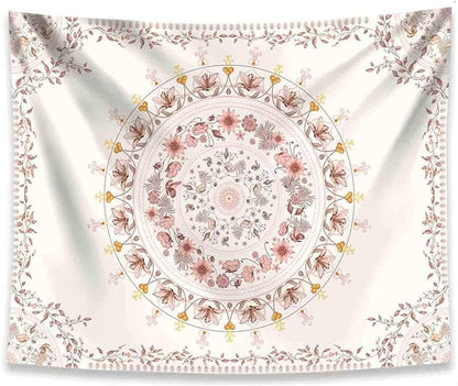 Mandala Tapestry Wall Hanging Flower Psychedelic Tapestry Wall Hanging Decor for Living Room Bedroom Bohemian Plant Print (Off-White, 51.18" X 59.06")