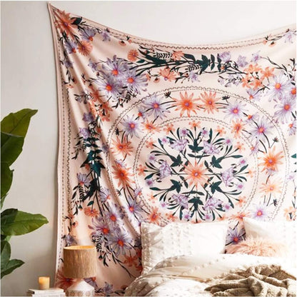 Mandala Tapestry Wall Hanging Flower Psychedelic Tapestry Wall Hanging Decor for Living Room Bedroom Bohemian Plant Print (Off-White, 51.18" X 59.06")