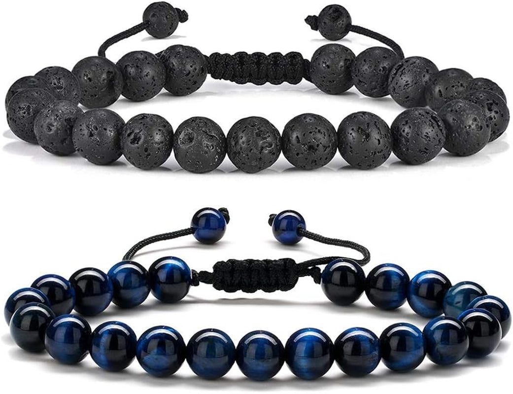 Natural Stone Bracelets for Men - 8Mm Tiger Eye, Matte Agate, Lava Rock - Teen Boys Gifts for Birthday, Anniversary, Christmas